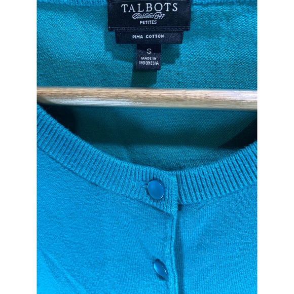 Talbots Petite Teal Green Pima Cotton Button Front Cardigan Sweater Size S - Picture 3 of 9